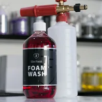 A foam gun beside a bottle of Elite Finish Foam Wash