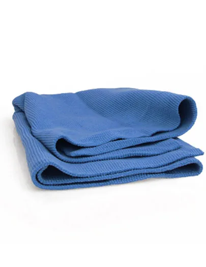 A folded blue Optimum microfibre cloth