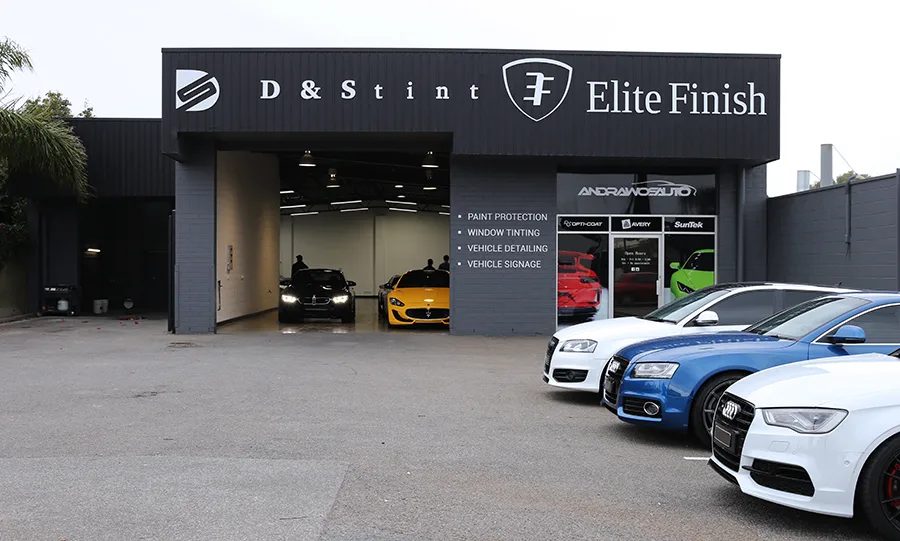 The shared D&S Tint and Elite Finish studio at 15 Oaklands Road, Somerton Park, with cars parked out front